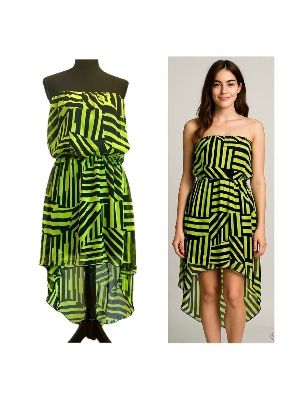 Renee C lime green black strapless High-low geometric striped pattern dress Sz L